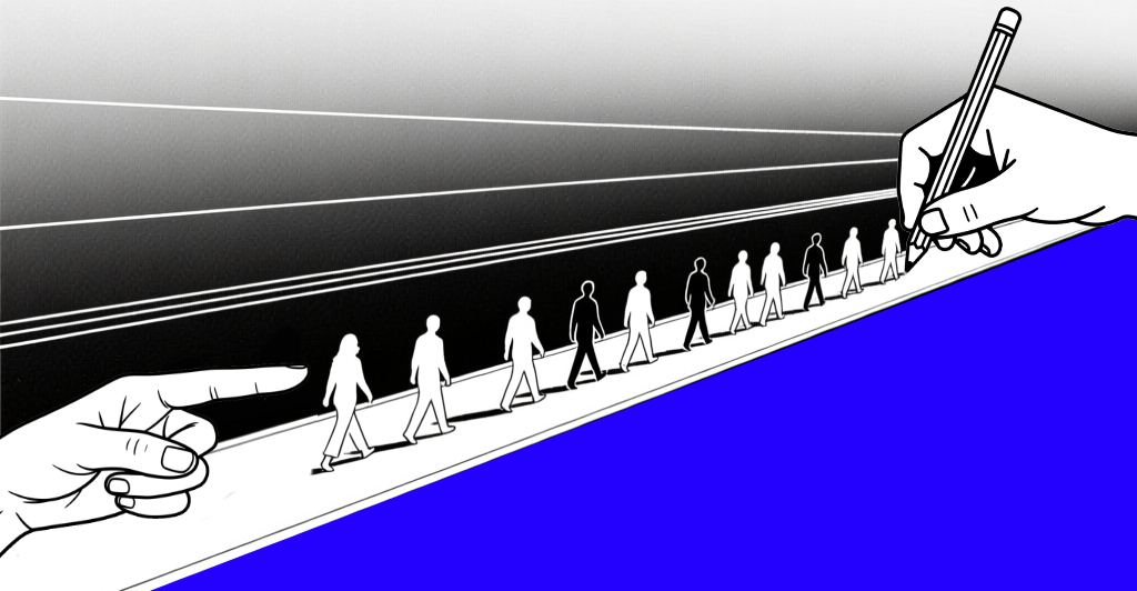 Une main dessine un chemin sur lequel des silhouettes avancent — métaphore du parcours design.